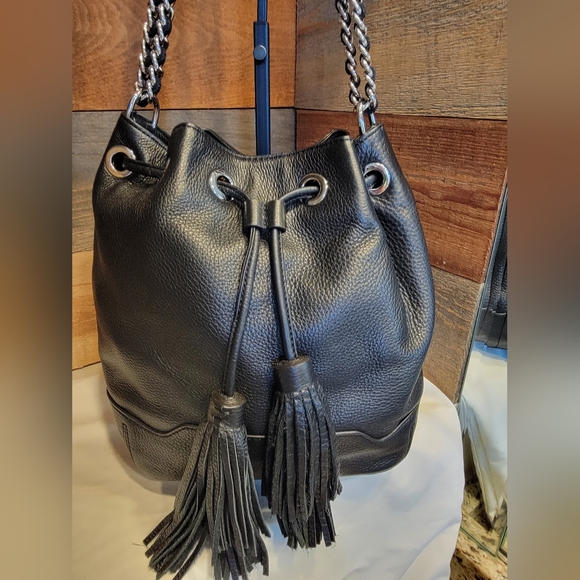 Handbags - Rebecca Minkoff Black Leather Lexi Bucket Bag With Fringe Tassels
